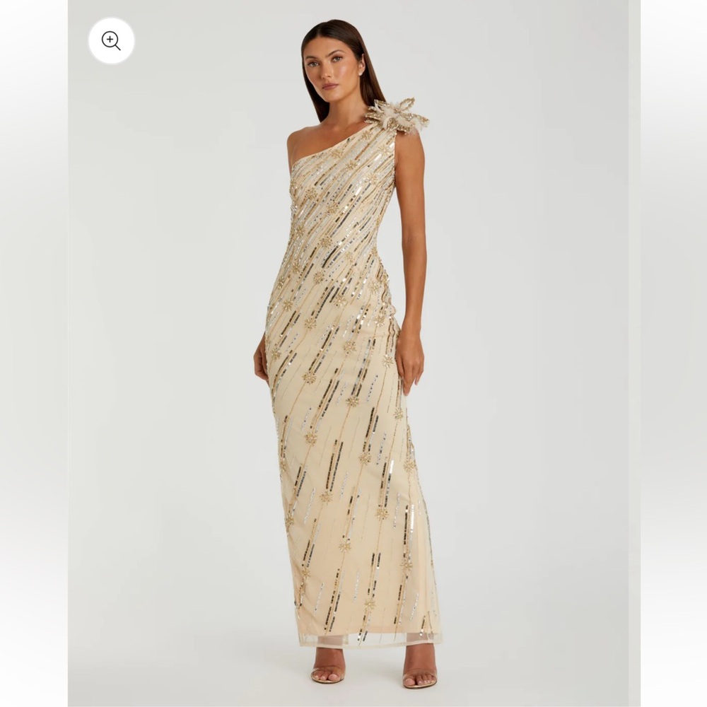Embellished Floral Detail One Shoulder Gown Color: Nude Gold Size 6 New With Tag